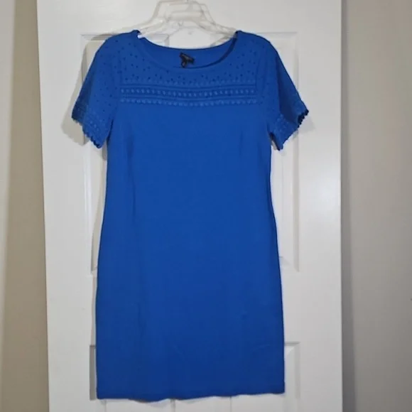 Talbot’s Short Sleeve Lace Trim Interlock Cotton Shift Dress Blue Size Petite M - Picture 1 of 8